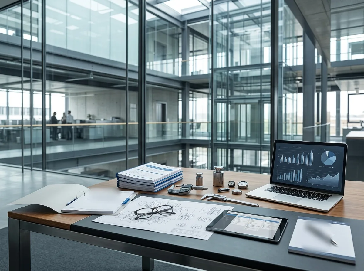 Audit desk with technical drawings, calibration weights and a performance dashboard