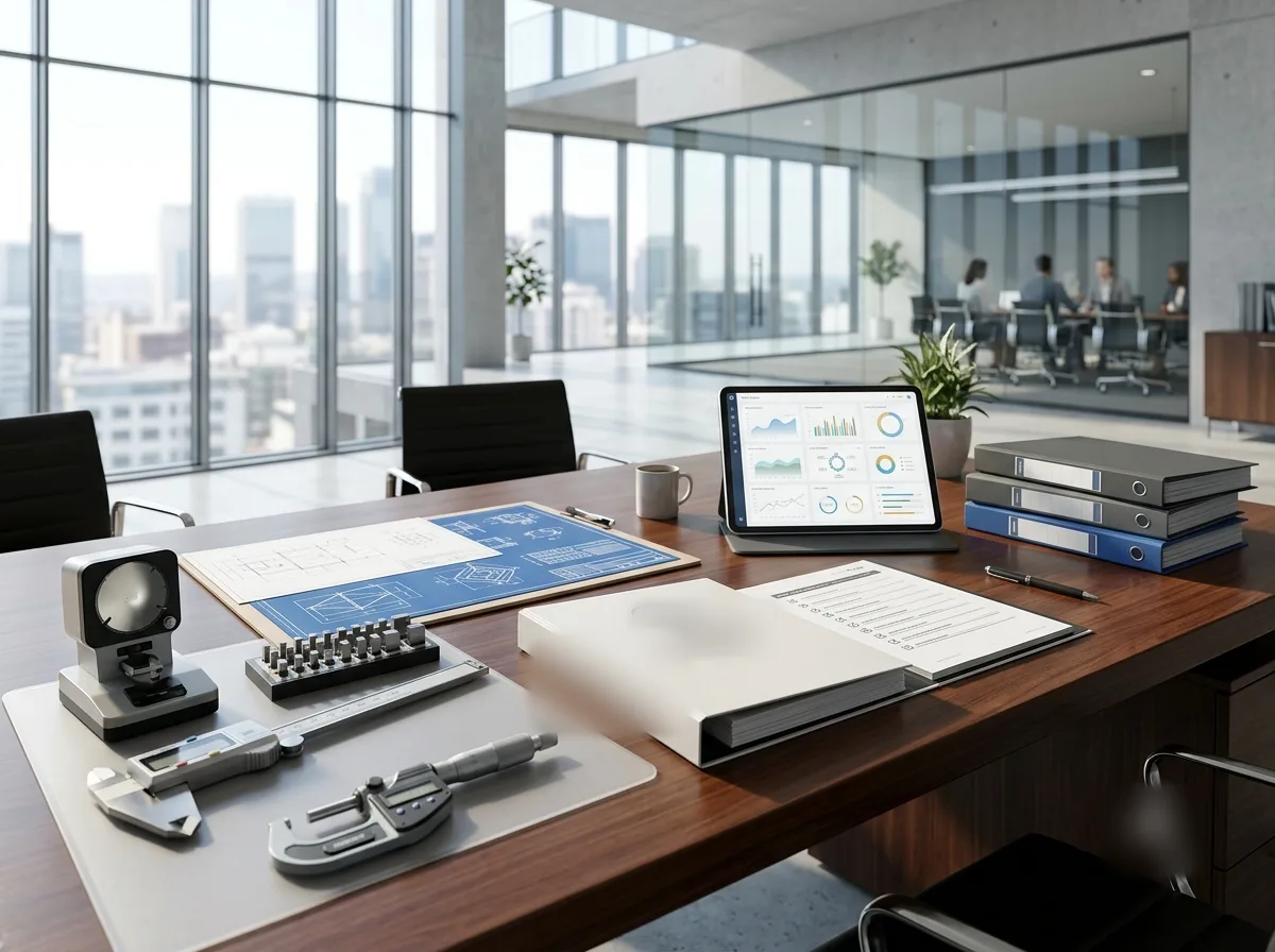 Management-system documentation on a boardroom table with a client review session behind the glass