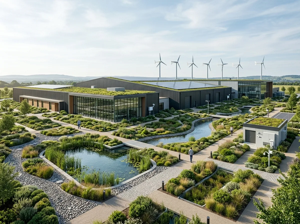 Green-roofed industrial campus with wind turbines, rooftop solar and landscaped water-retention ponds