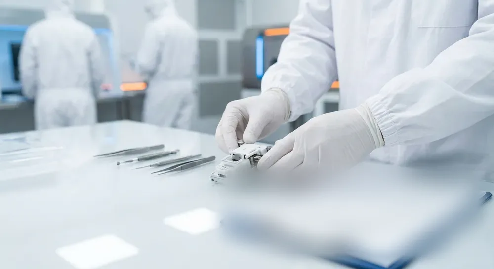 Gloved technician assembling a medical device in a cleanroom