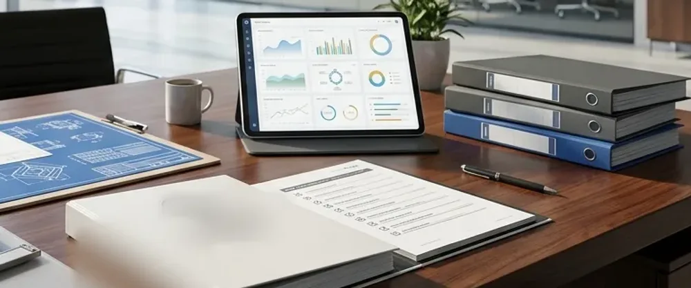 Quality dashboards on a tablet beside a blank management-system binder, an open audit checklist and ring binders on a boardroom desk