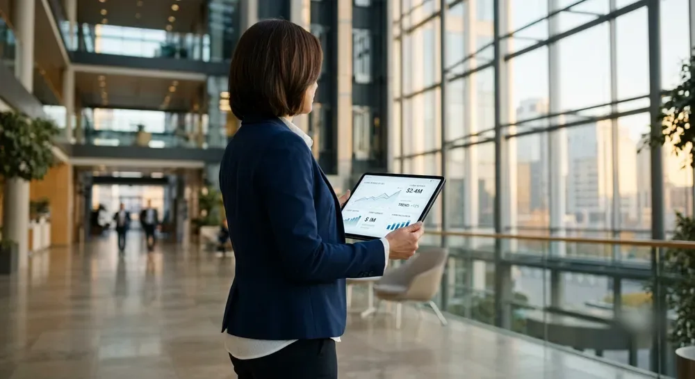 Manager reviewing performance figures on a tablet in a corporate office atrium