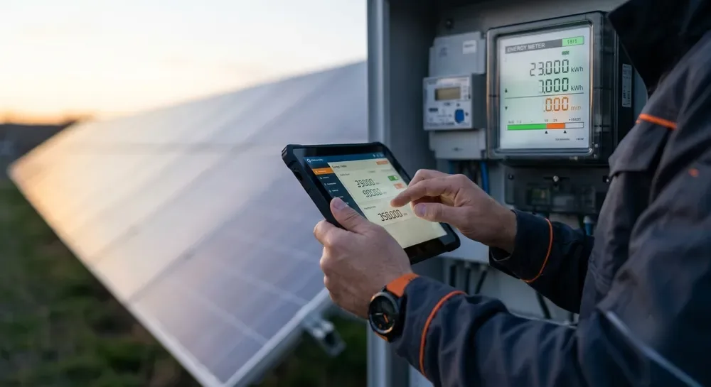 Technician reading an energy meter beside a solar array at dusk