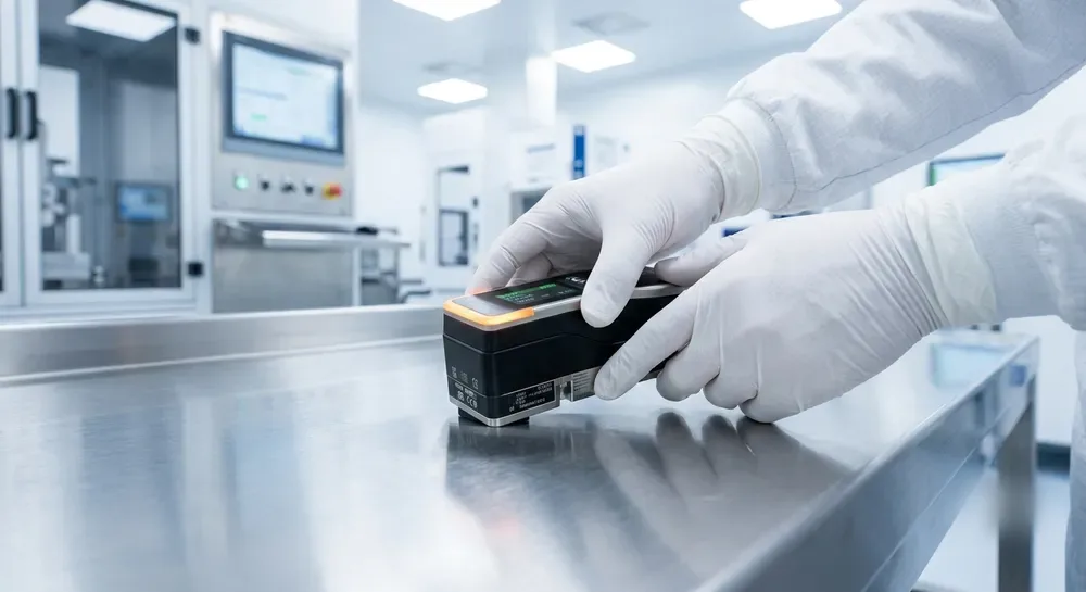 Gloved technician taking a reading with a handheld measuring instrument