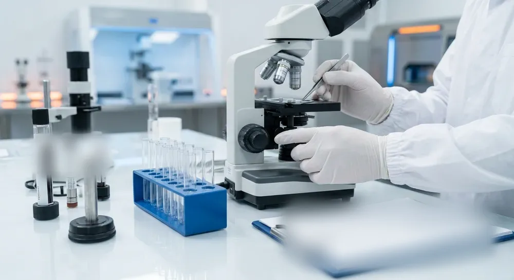 Laboratory analyst preparing samples at a microscope