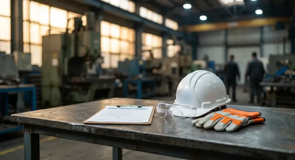 Hard hat, gloves and a safety inspection checklist on a factory workbench