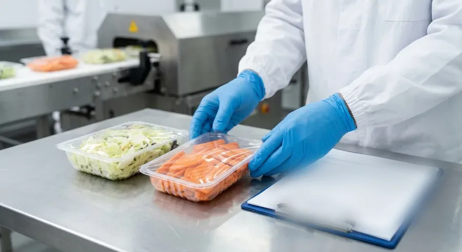 Food handler in a processing plant sealing packed produce beside a hygiene checklist