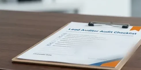 Lead auditor audit checklist on a clipboard on an office desk