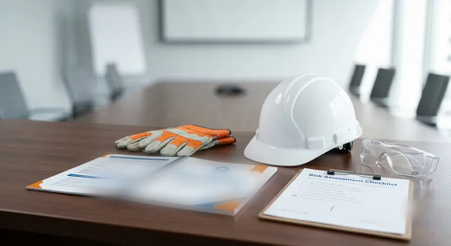 Safety officer in high-visibility gear inspecting a work site with a checklist